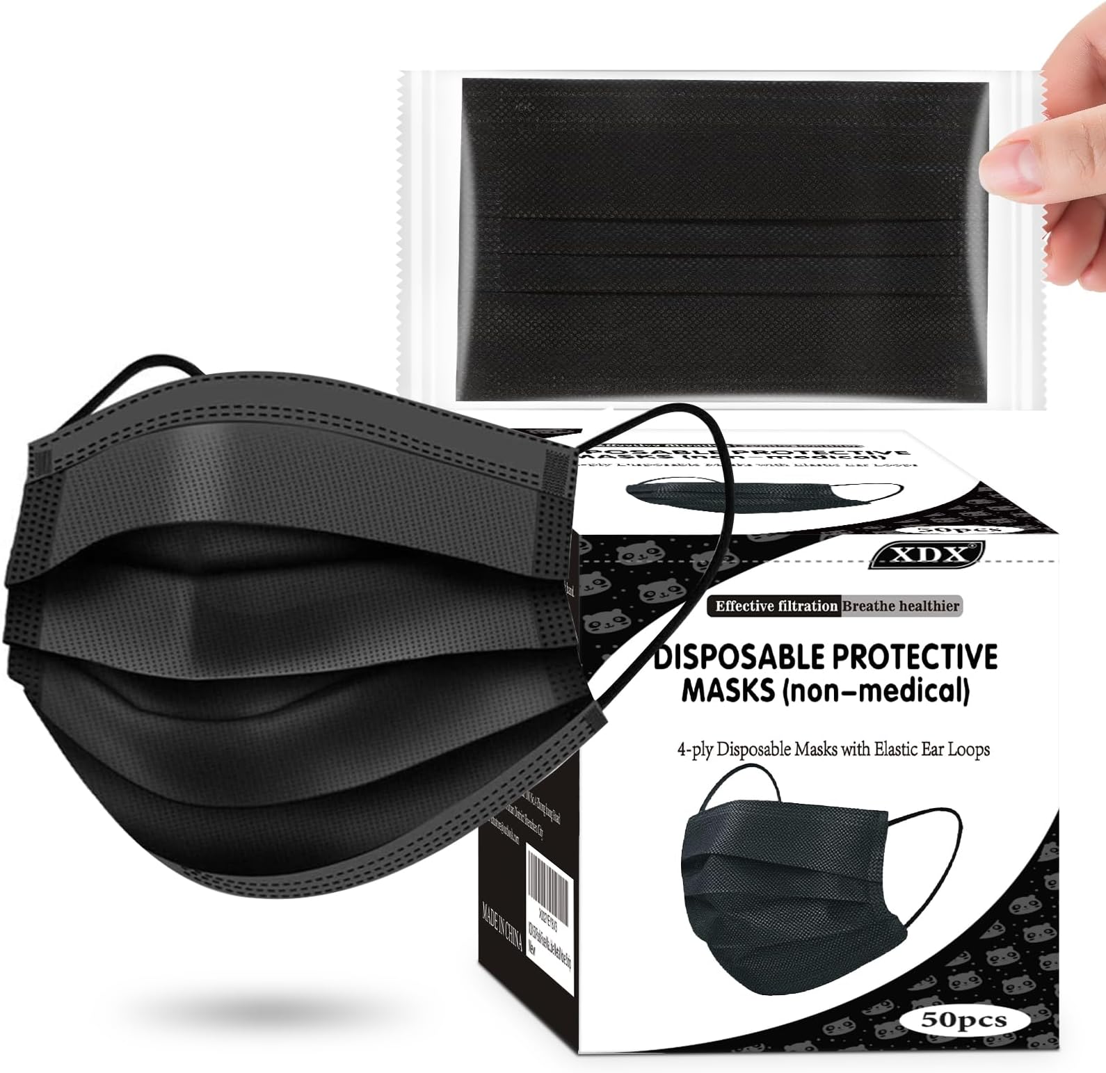 XDX Black Disposable Face Masks, 50 Pack- 4 Layer Individually Wrapped Masks for Women, Men, Unisex Adults, Breathable Black Masks for Adults