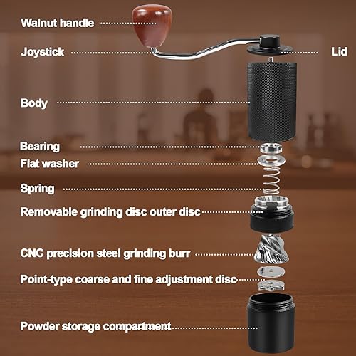 Miniatura 4 de Molinillo de café manual desmontable de acero inoxidable con rebabas cónicas de aluminio con 25 ajustes de molienda, cepillo de limpieza, molienda