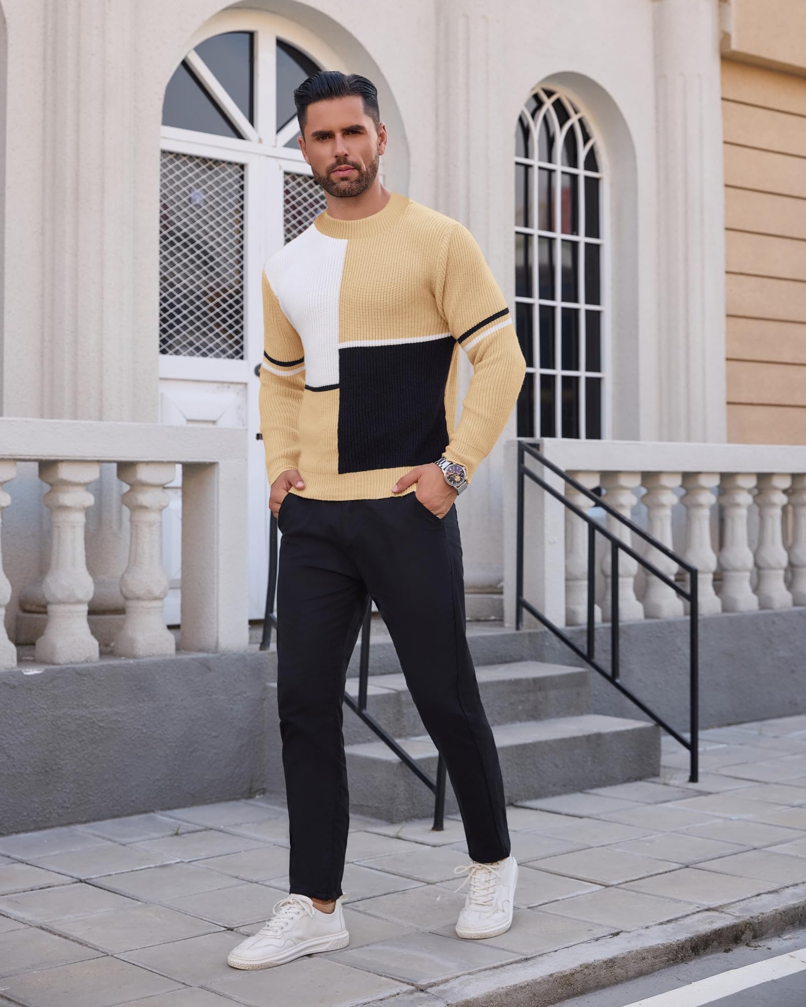 crazy bean Maglione Uomo Invernale Collo Rotondo Maglia Dolcevita Patchwork Felpa Lupetto Lupetto a Maglia Slim Fit