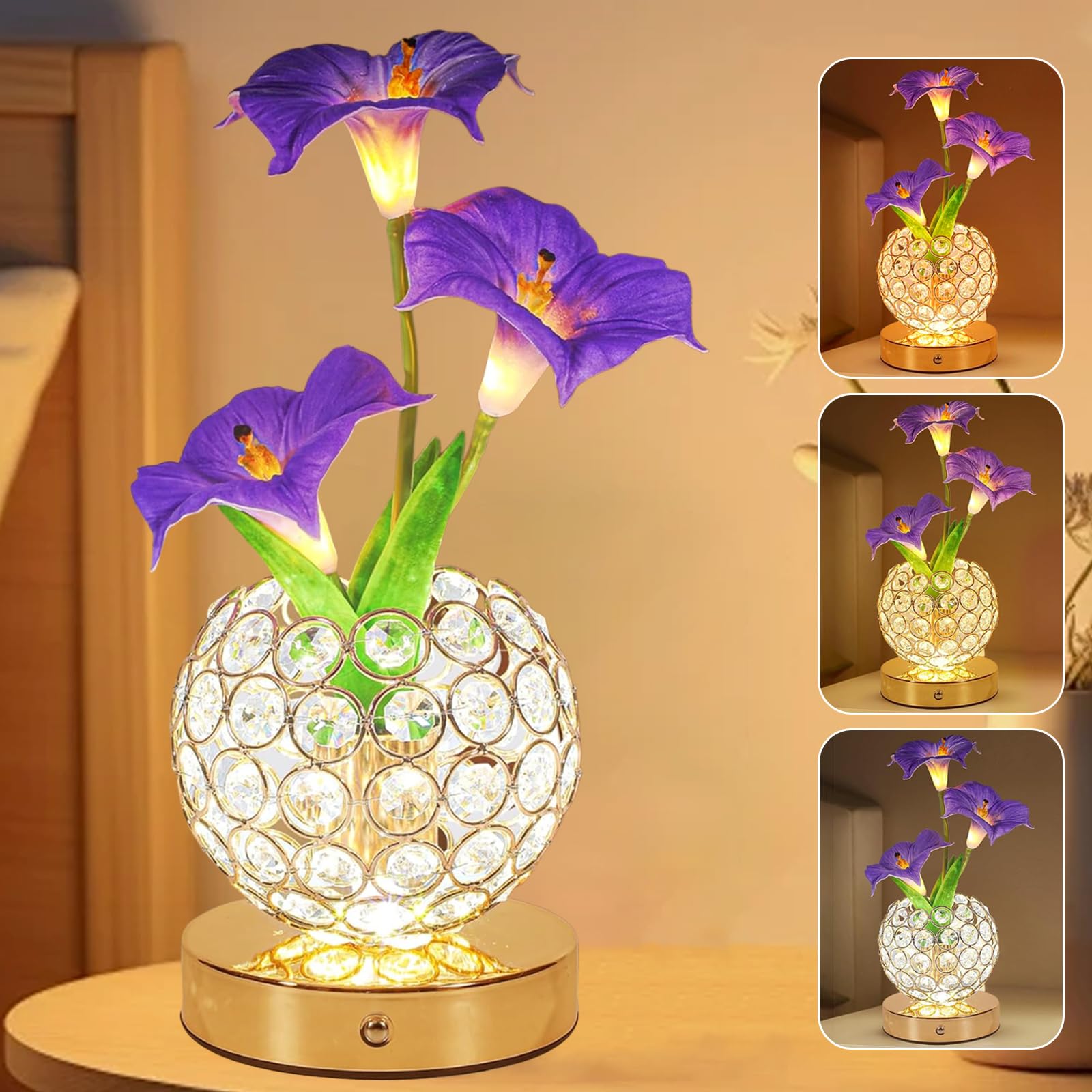 Flower Table Lamp, 3 Colors Touch Dimming Crystal Night Light, Rechargeable Artificial Morning Glory Light, LED Flower with Vase Lamp Romantic Decor for Party Home (Purple - Morning Glory (A)) — image 1