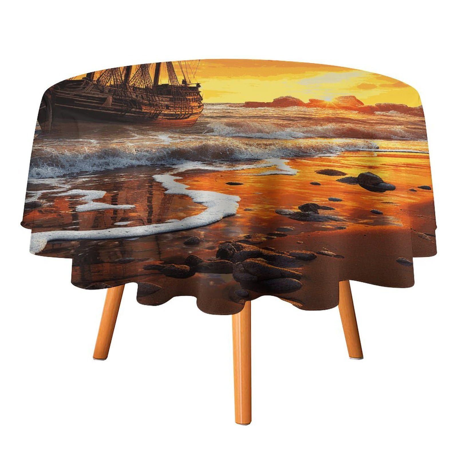 SMAZDFXX Pirate Ship in The Sunset Tablecloth 60x60in Round Table Cloth Durable Polyester, Washable Stain Resistant Table Cover for Indoor Outdoor (Picnic, Dining, Party)