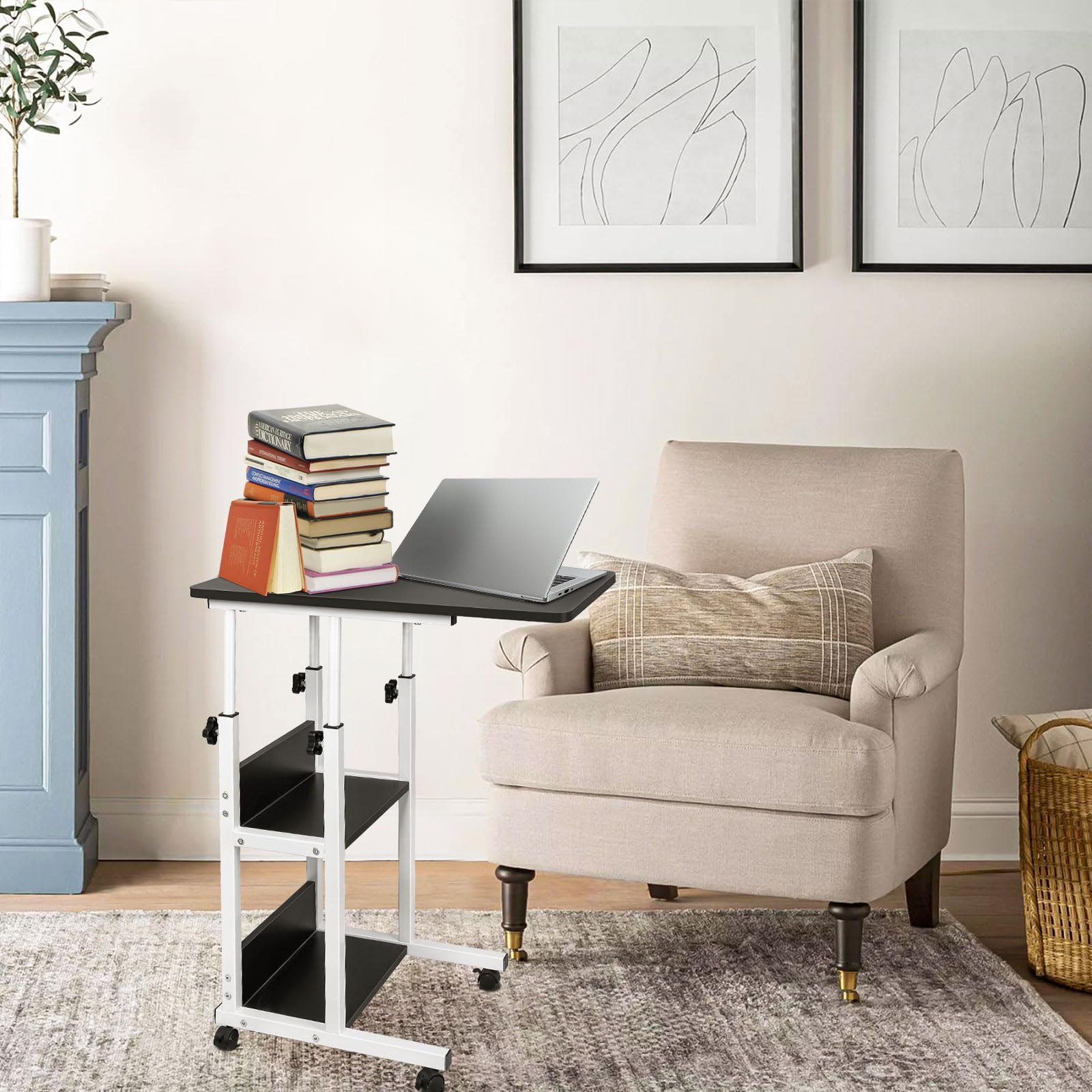 LANTUS Tavolo da letto a rotelle, scrivania in piedi regolabile in altezza, tavolino a forma di C, pieghevole a 90°, girevole a 360°, super robusto e stabile, 60 x 40 x 76-86,5 cm (nero)