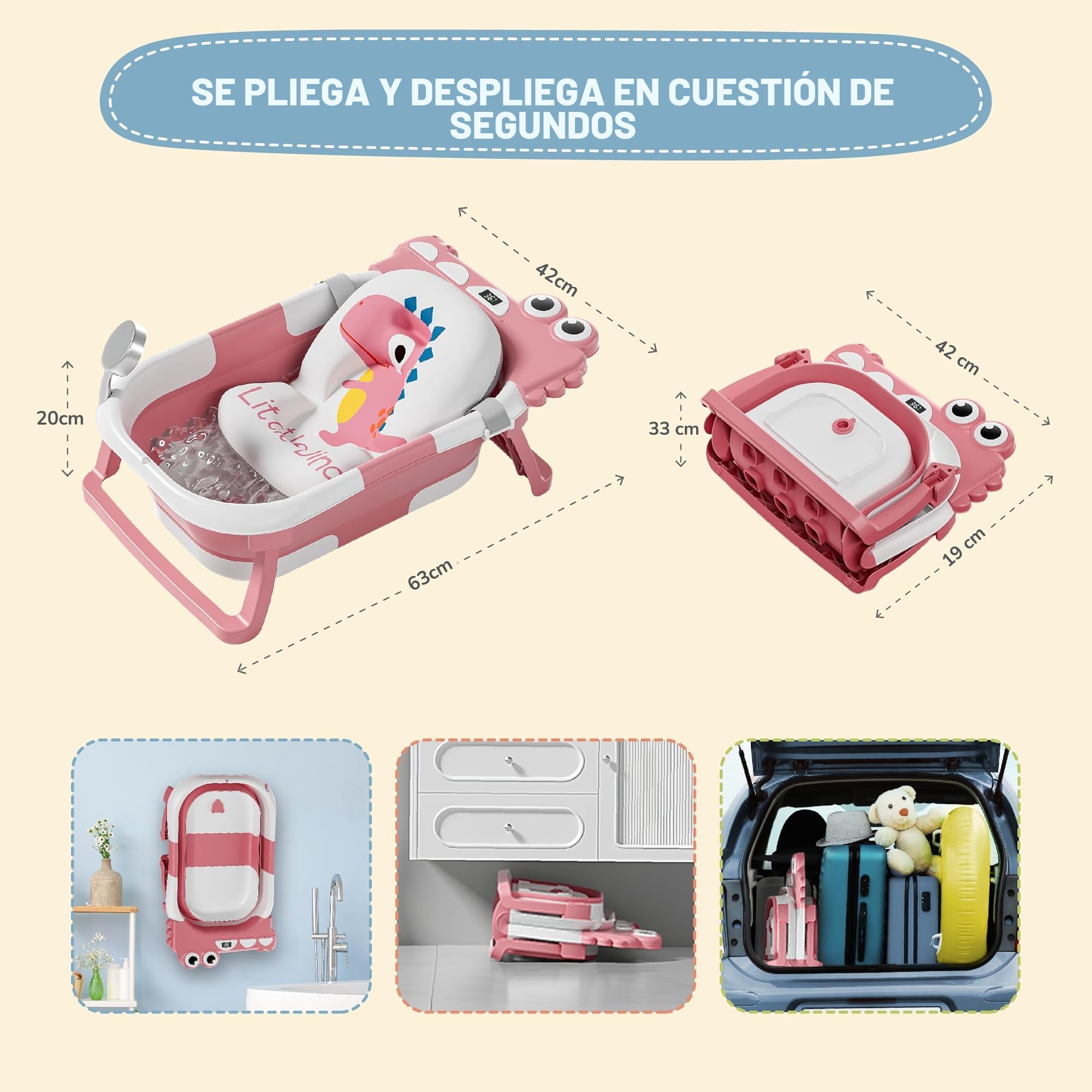 Bañera Plegable Bebé Con Cojín De Baño Antideslizante - Bañera Bebe Plegable Con Termómetro - Asiento bañera Bebe - Desde El Nacimiento Hasta Los 3 Años - Regalos De Nacimiento (ROSA, DINO)