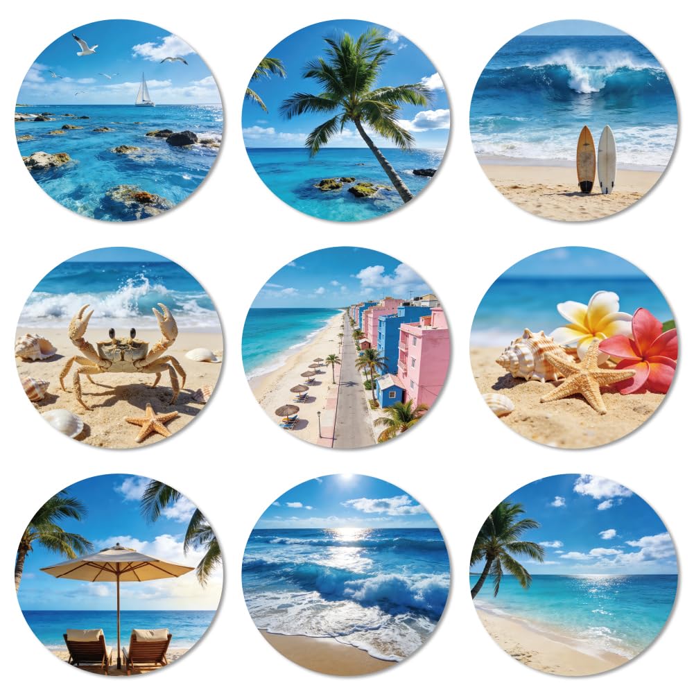 ANATTASOUL Wood Coasters Set of 9 for Drinks Summer Beach and Scenery Colorful Wooden Cup Mat for Coffee Table Decor, 3.9" Round Desk Coasters for Home, Apartment, Office, Bar Gifts