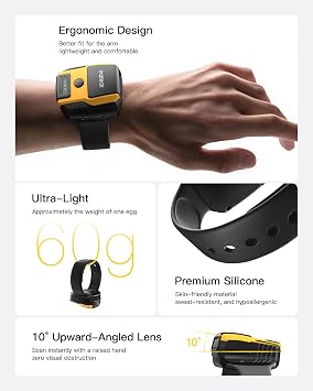 Inateck Wearable 2D Barcode Scanner, Hands-Free Watch QR Reader with Voice Control, 1MP CMOS, Bluetooth 5.3 & 2.4G Wireless, 10 Ergonomic Tilt for Inventory Sorting, 60g Lightweight, Nano 370