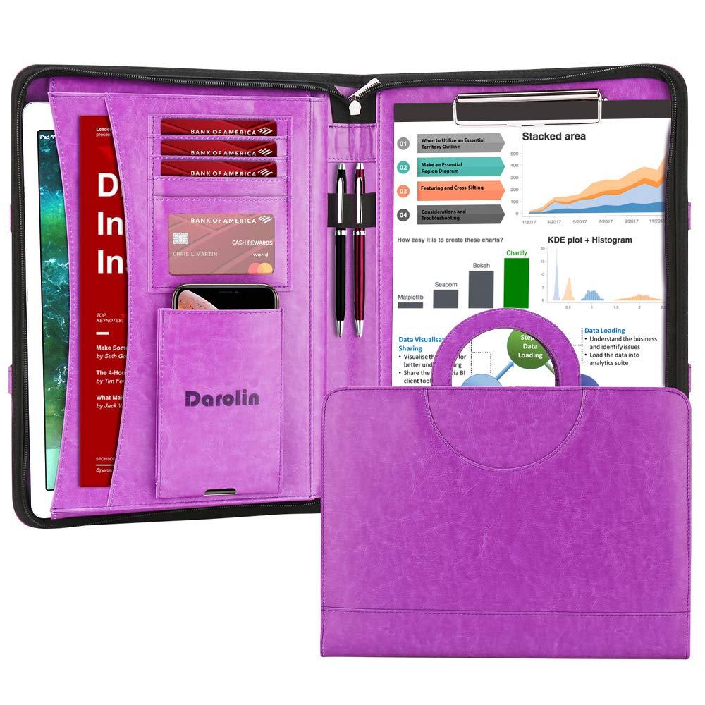 Darolin Vegan Leather Padfolio Portfolio with Handle & Clipboard, Zippered Business Portfolio Organizer for Meetings, Interviews & Travel, Fits A4 & Letter Size, Padfolio for Men Women (Purple)