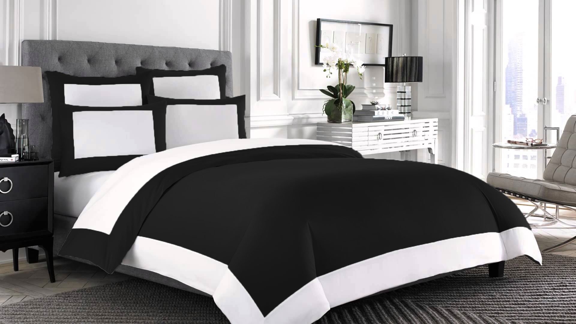Funda de edredón reversible de algodón egipcio 600 hilos individual negro blanco