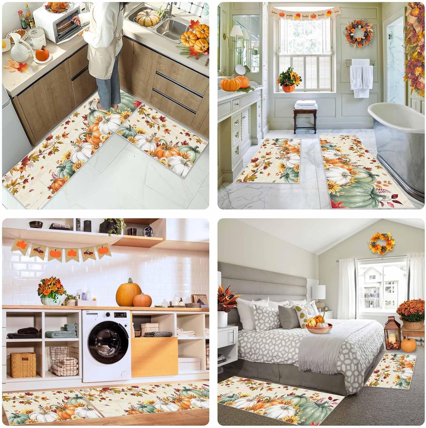 Thanksgiving Fall Kitchen Rug Runner, Non Slip Door Mat, Maple Leaf Pumpkins Green Orange Kitchen Floor Mats Area Rug for Living Room Bath Doormat Indoor Carpet Set (20x31.5IN+20x63IN)