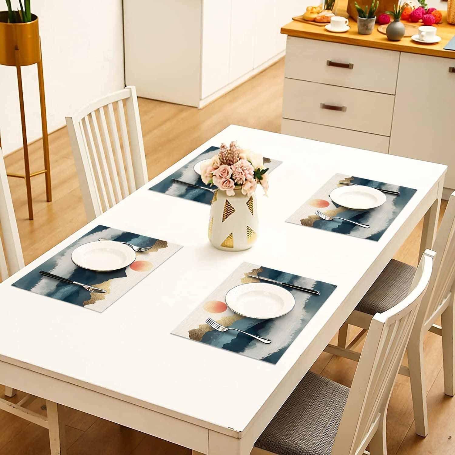 Table Placemats Set of 4,Abstract Sun Mountain Scenery Heat-Proof Washable Place Mat,Retro Gradient Art on Linen Linen Placemat for Kitchen Dining Holiday Party Banquet Tables