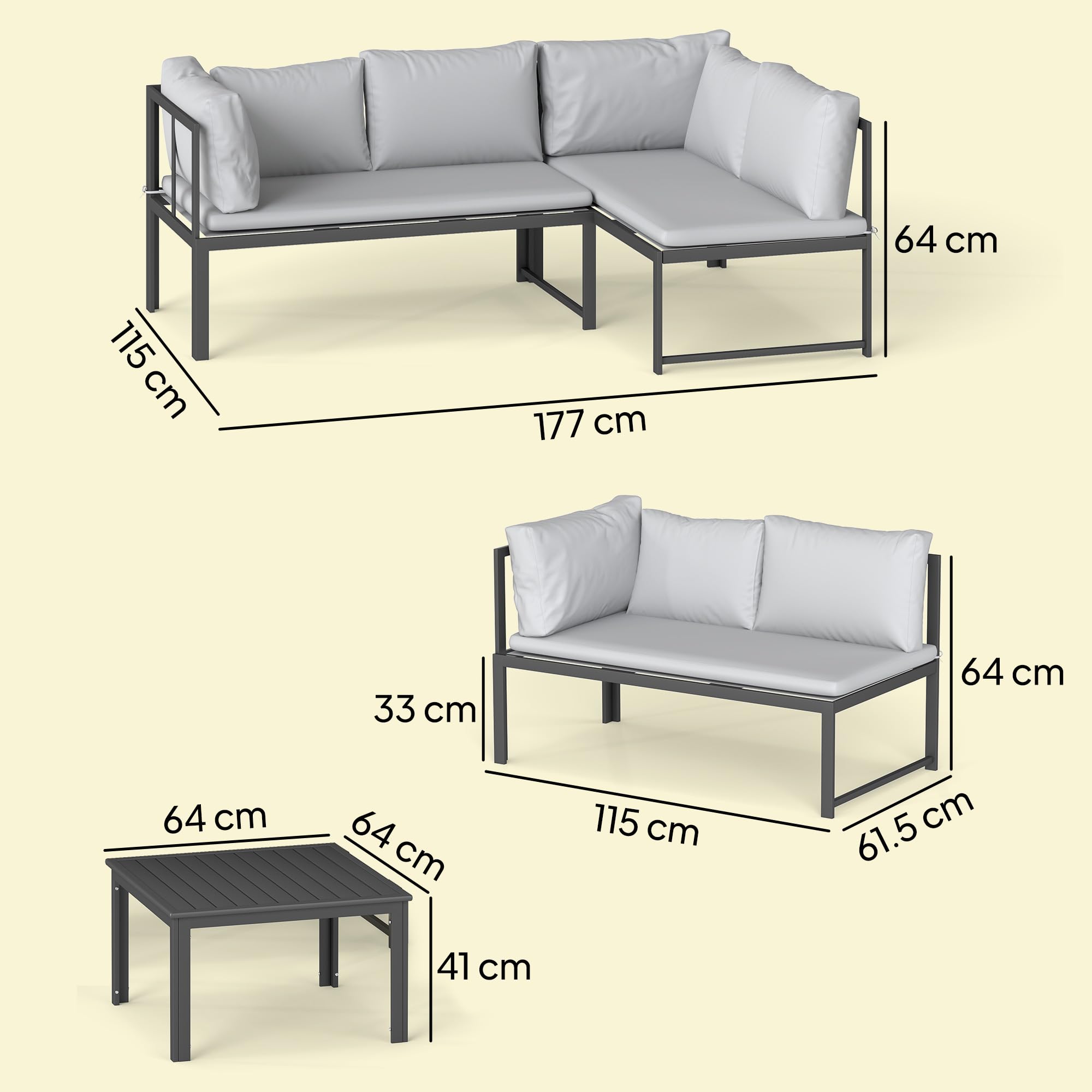 Outsunny Set Salotto da Giardino 3 Pezzi, Set di Mobili da Giardino con 2 Divani 2 Posti con Braccioli Regolabili, Tavolino a Doghe, Cuscini, Struttura in Metallo, Salottino da Esterno ad L, Grigio