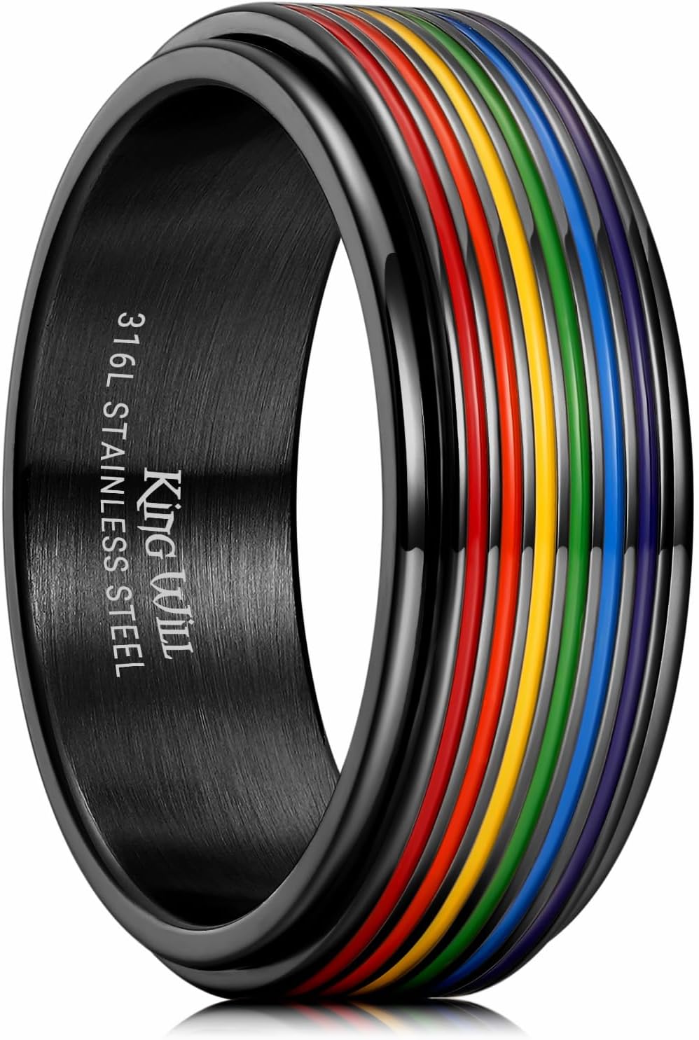 King Will Pride Rainbow Rings- Love is Love Wedding Band, 8mm Width Promise Ring in Black/Silver/Gold with Inner Outer Rainbow Plated Comfort Fit Size 7-14
