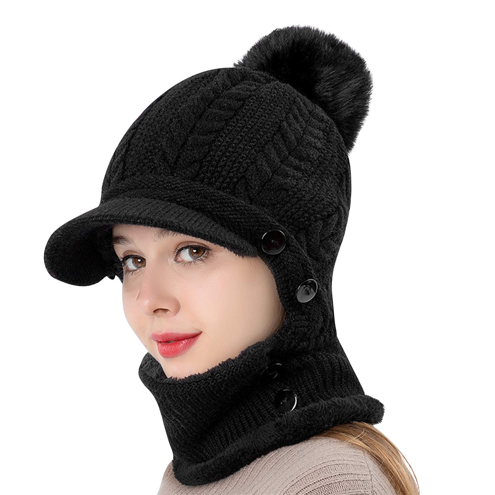 Gorra de protección para los oídos de las mujeres con ala de una pieza Fleece Beanie Sombreros Bufanda Máscara de invierno cálido Sombrero de punto (negro)