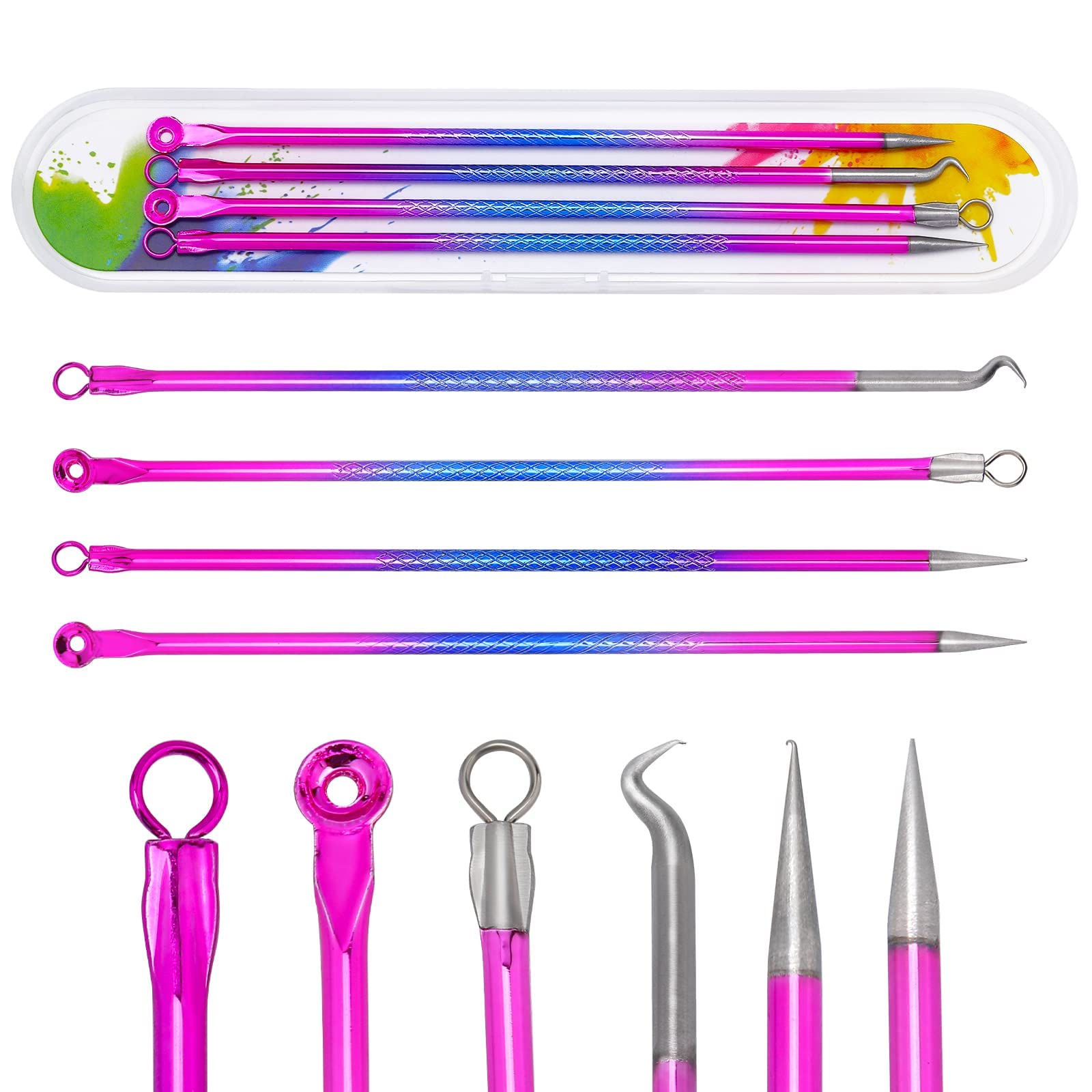 PROUSKY Blackhead Remover Tool Kit, 4 Pieces Comedone Extractor Acne Removal Kit, Colorful Stainless Steel for Face Care
