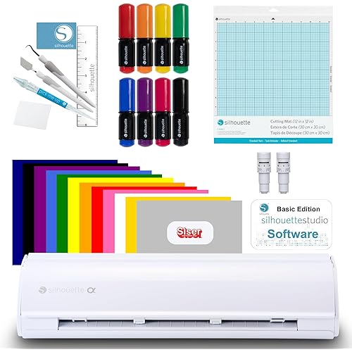 Silhouette Cameo 5 Alpha | 12 Inch Vinyl Cutting Machine | Heat Transfer Starter Bundle | Includes Sketch Pens, Tool Kit, Extra Blade, and 12 Sheets of Heat Transfer Vinyl (White)