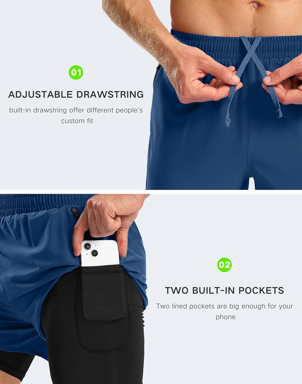 Pudolla Men's 2 in 1 Workout Running Shorts 5" with Zipper Phone Pockets Quick Dry Gym Athletic Shorts with Compression Liner - Image 5