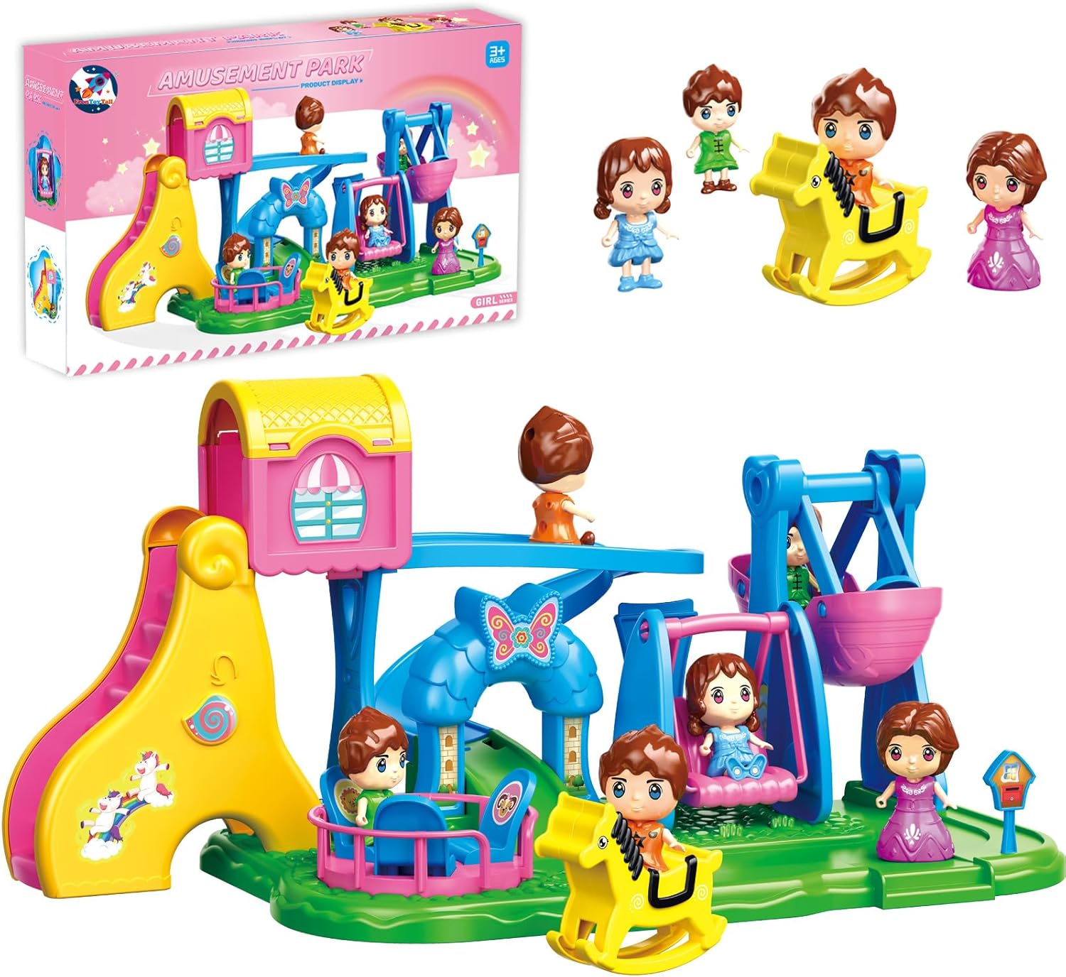 Building Toys Kids Playground Set, Pink Amusement Park Toy Playset with 4 Doll Figures, Swing Slide Rocking Horse & Spinning Ride, Pretend Play Dollhouse for Girls 3 4 5 6 7, Gift for Kids