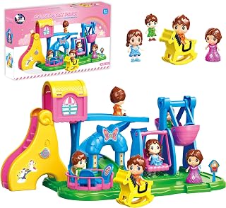 Building Toys Playground, Pink Amusement Park Toy Doll Figures | Kids Playground Set, Swing Slide Rocking Horse & Spinning Ride, Pretend Play Dollhouse for Girls 3 4 5 6 7, Gift for Kids