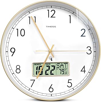 TIMESS Atomic Analog Wall Clock, WWVB Self-Setting Battery Operated 12" Dial Non-Ticking Silent Easy to Read & Use Clock with LCD Display, Ideal Modern Home, Kitchen, Office Decor Gold