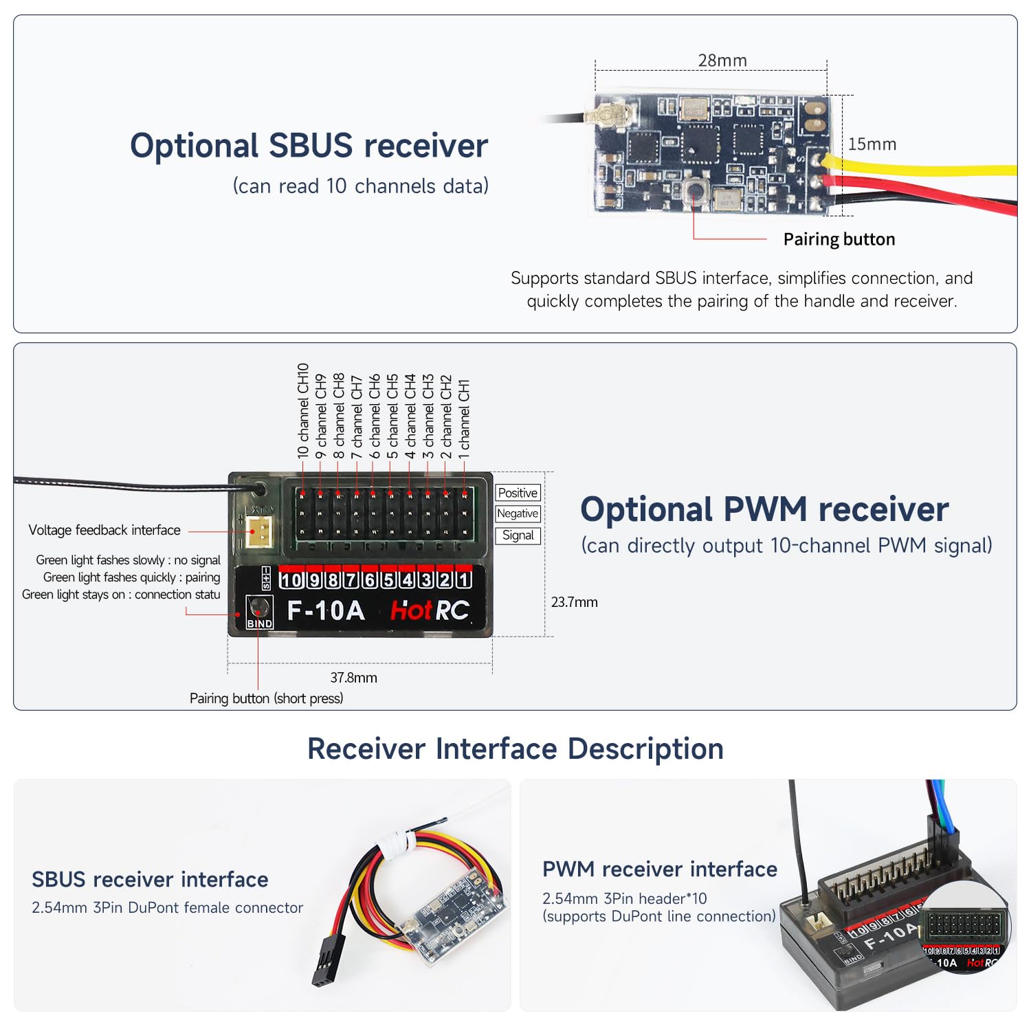 Yahboom Transmisor y Receptor RC de 10 Canales de 2,4 GHz FHSS y Receptor de 10 Canales con Caja para avión FPV, avión RC, Barco, Coche, Control de Distancia de 300-800 m (con Receptor PWM)