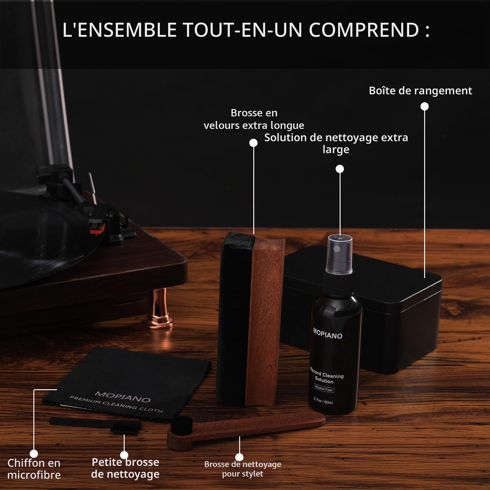 Kit de nettoyage de disque en vinyle Mopiano | Kit complet de nettoyage de disque vinyle 6-en-1 pour albums | Comprend une brosse en velours doux pour disques vinyles, liquide nettoyant pour LP