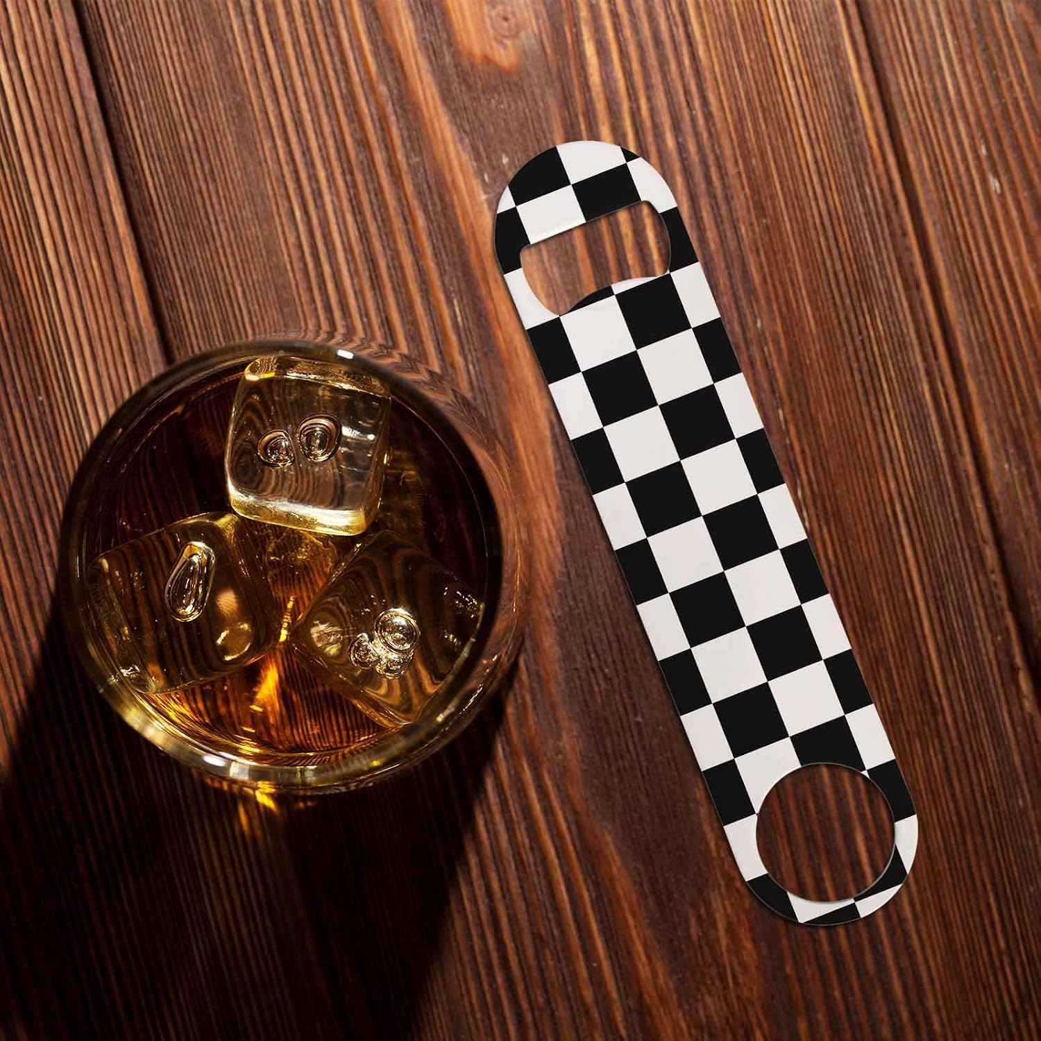 Black White Checkered Stainless Steel Bottle Opener Cool Car Racing Sports Plaid Pattern Geometric Design Flat Beer Bottle Opener Keychain for Home Kitchen Bar Restaurant Party Birthday Gift