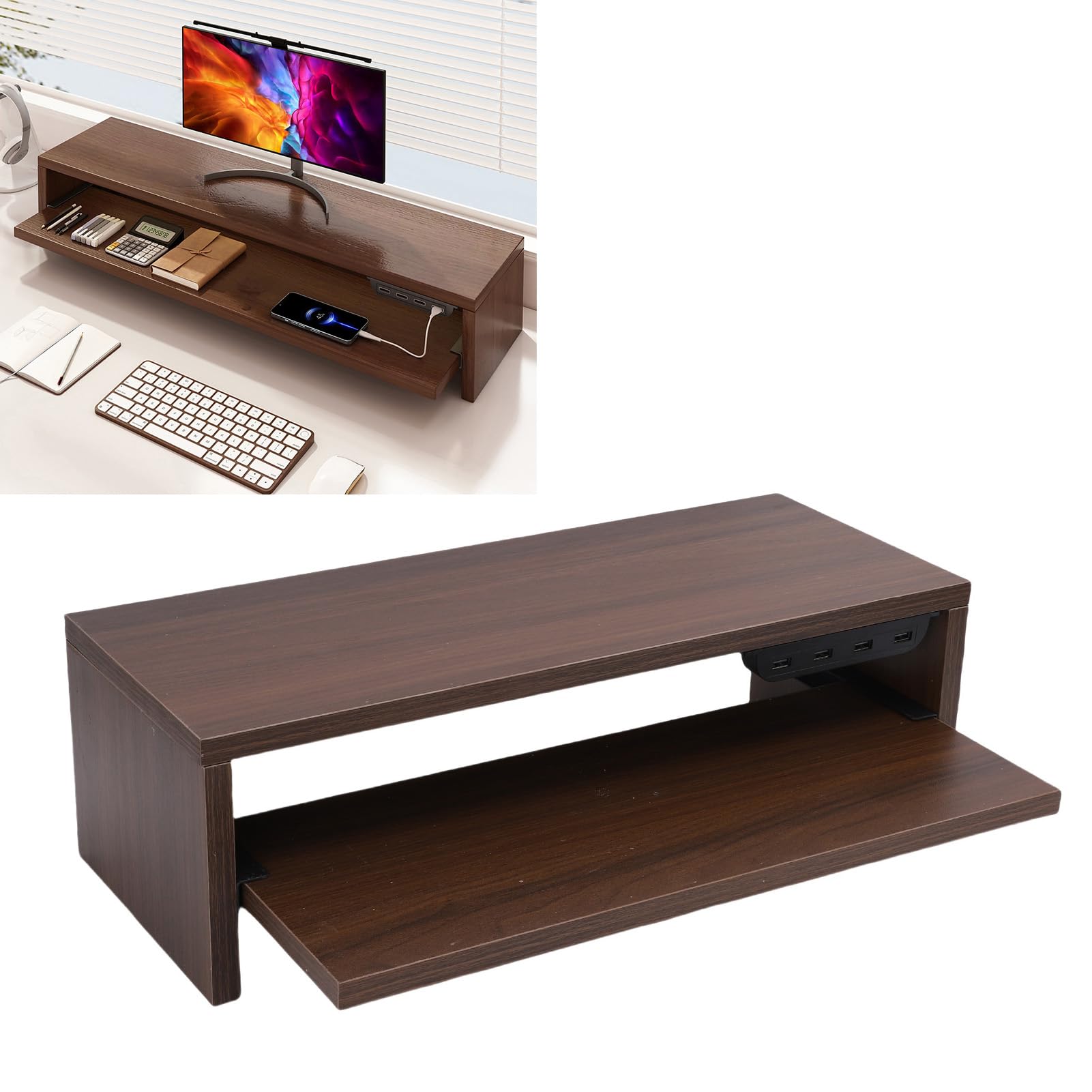 Fockety Podstawka Pod Monitor 2-poziomowy Organizer na Biurko z szufladą, Gniazdkami Prądu Zmiennego i Portem USB, Stojak na Monitor Komputerowy (Orzech Brązowy)