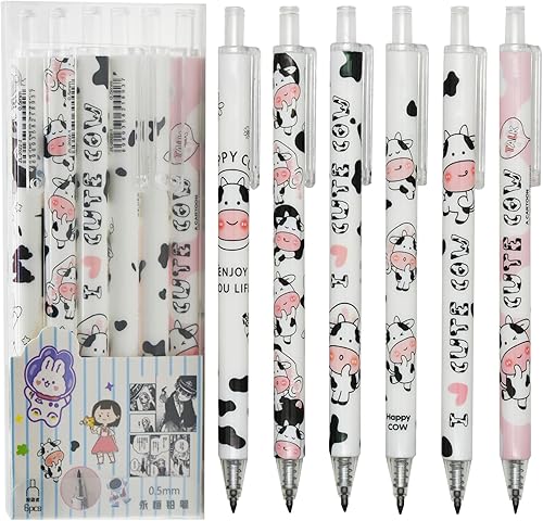 Maydahui 12 lápices eternos de dibujos animados de vaca lechera retráctil HB de 0.020 in con estampado de vaca, lápices eternos mágicos sin tinta