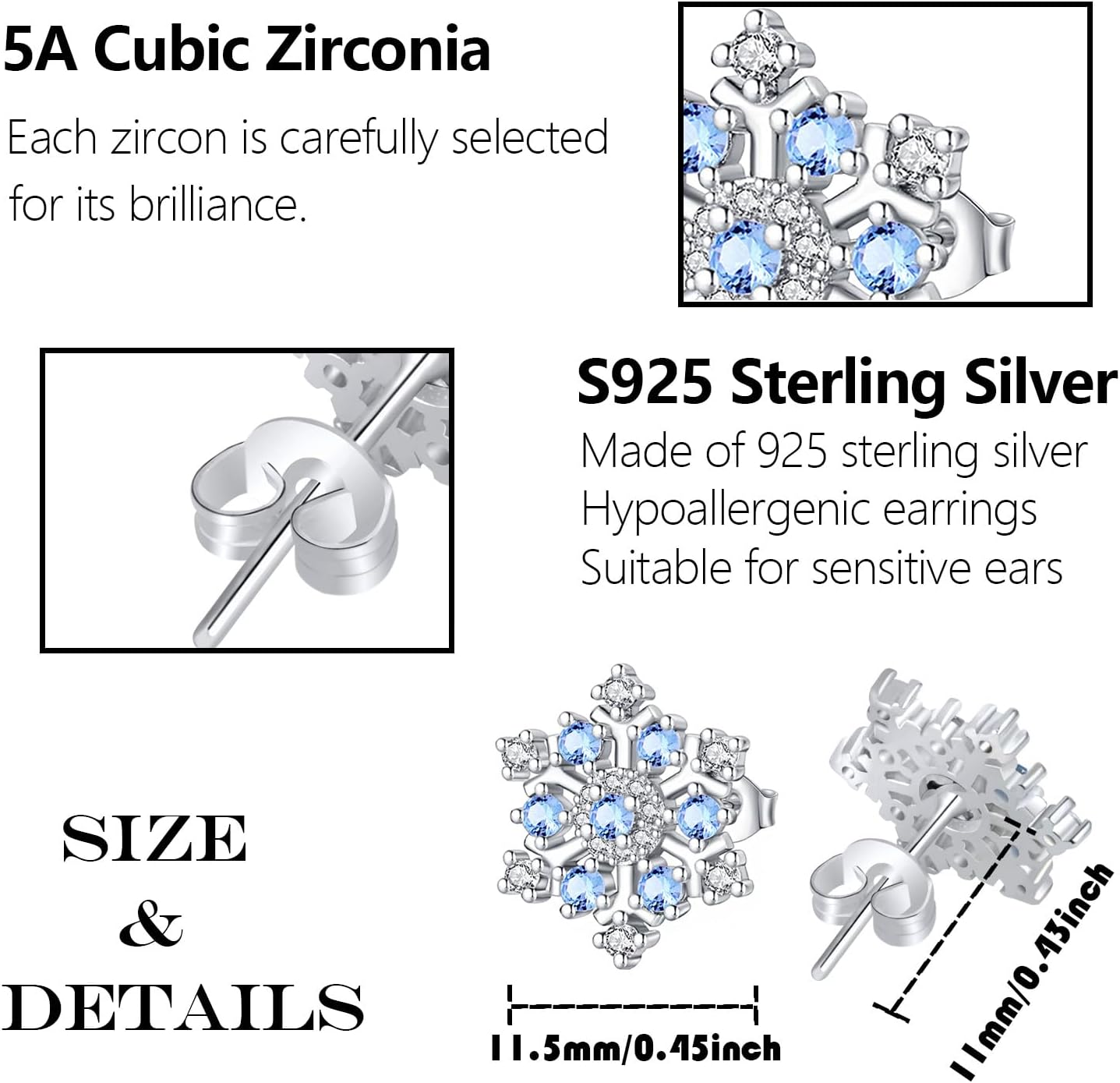 Hopply Winter Snowflake Christmas Earrings Stud for Women's, 925 Sterling Silver Snowflake Stud Earrings with White Cubic Zirconia Christmas Gift Jewelry for Ladies - Image 2