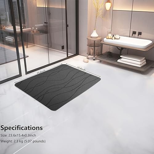 Miniatura 5 de Tapete de baño de piedra, antideslizante, de tierra de diatomeas, de secado rápido, altamente absorbente, inodoro, fácil de limpiar (rayas gris