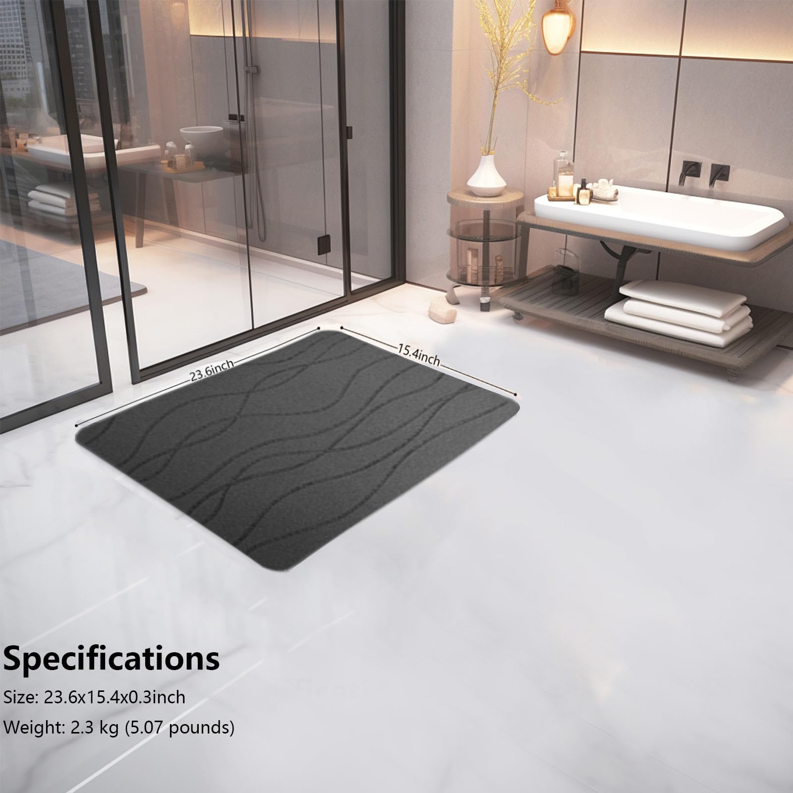 MIRA HOME Alfombrilla de baño de piedra, antideslizante, de tierra de diatomeas, de secado rápido, altamente absorbente, sin olor, fácil de limpiar (rayas gris oscuro)