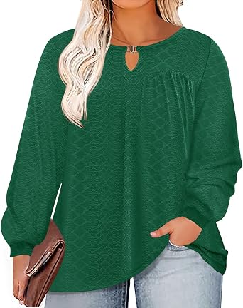 TFSDOD 3X Womens Plus Size Long Sleeve Tops Crew Neck Eyelet Blouse Casual Work Tunic Shirts,Green 3XL