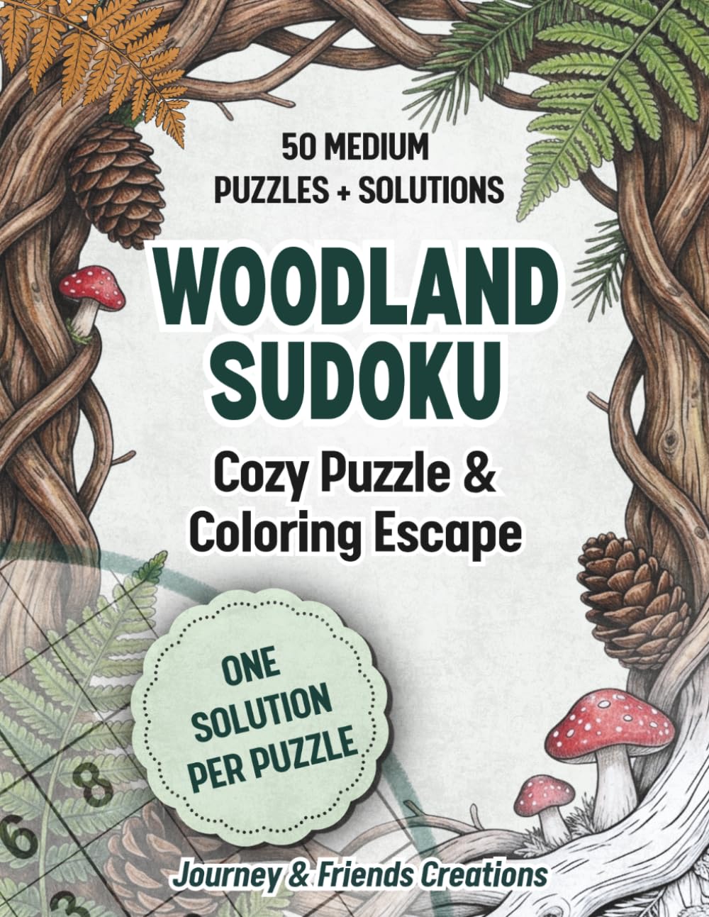 Woodland Sudoku Cozy Puzzle & Coloring Escape: 50 Medium Difficulty Puzzles + Solutions: Cottagecore Sudoku & Coloring Book in One