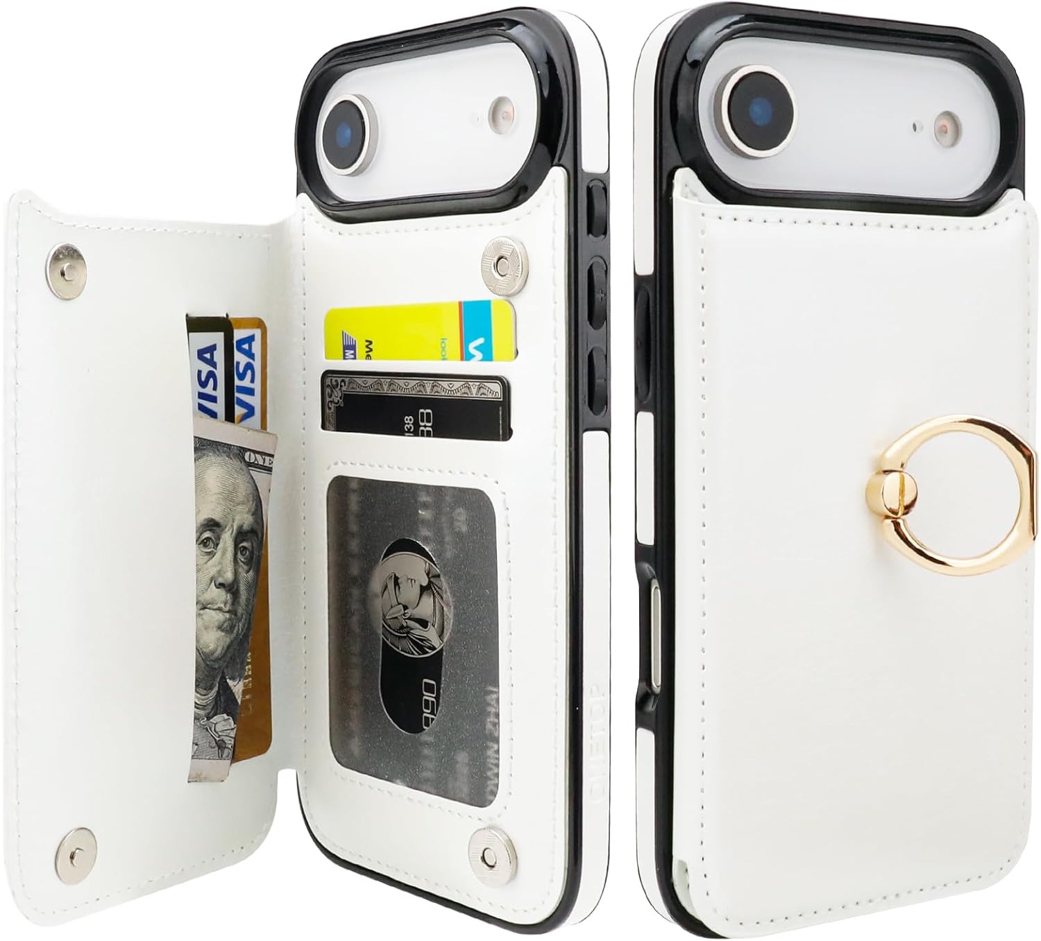 ONETOP for iPhone 17 Air Wallet Case with Card Holder, 360° Rotation Ring Kickstand RFID Blocking PU Leather Double Magnetic Clasp Shockproof Cover for Women and Girls 6.5 Inch (White)