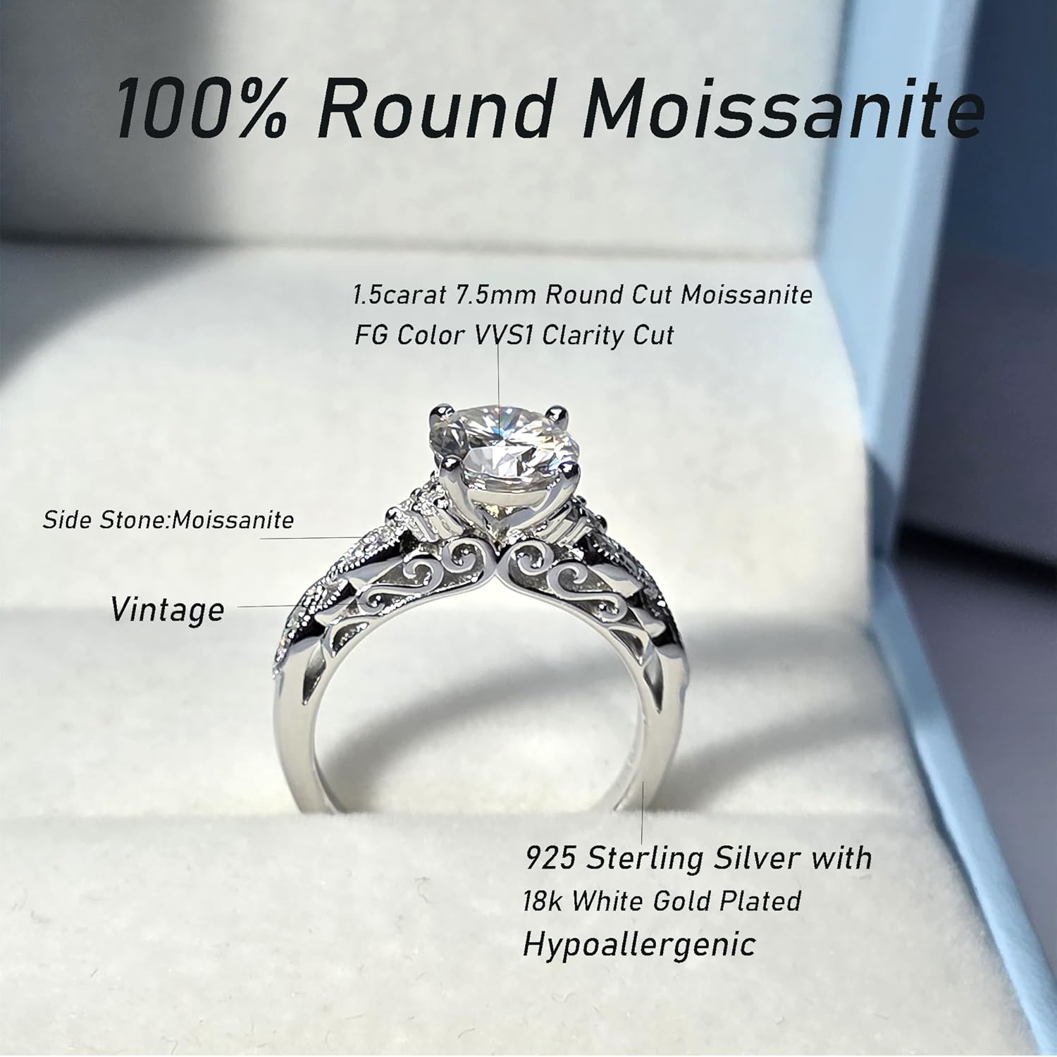 DovEggs Moissanite Wedding Ring Sets for Women 1.5ct Center 7.5mm F-G-H Color Round Cut Moissanite Lab Grown Vintage Antique Engagement Ring Sterling Silver with 18K White Gold Plated