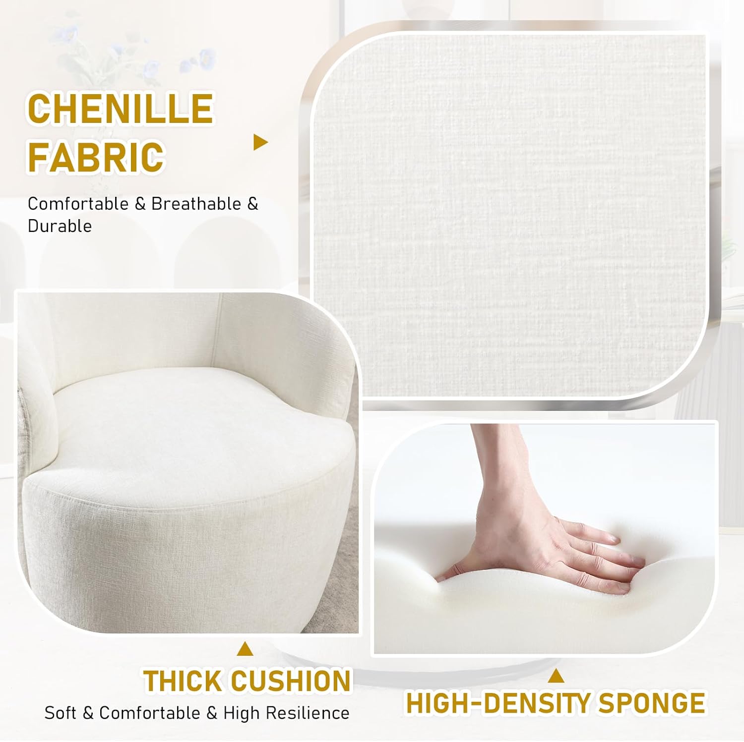 Swivel Accent Chair,360 Degree Chenille Small Swivel Barrel Chair,Upholstered Comfy Arm Chair,Modern Round Swivel Bucket Chair,Single Sofa Chair for Living Room,Bedroom,Nursery(Ivory)