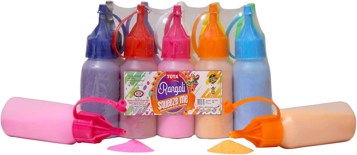 TOTA Rangoli Colours Powder Bottles | Set of 10 Unique Colours Powder in Squeeze Bottles - 800 Gram | Kolam Rangoli Tool for Floor Art, Craft, Home Decor, Pooja