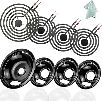 Electric Stove Top Burner Covers & Stove Element Replacement for A-mana May-tag Whirl-pool Electric Stove, 1 Large 8-Inch & 3 Small 6-Inch Black Porcelain Drip Pans and Burner Element by Fetechmate