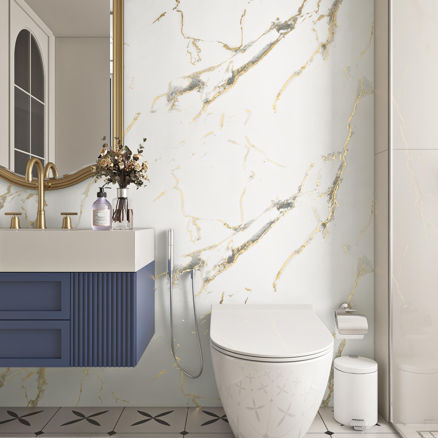 YENHOME Vinilo Adhesivo Muebles Blanco Marmol Dorado 90x300cm Vinilo Adhesivo Decorativo Efecto Mármol Dorado para Baño Salon Cocina PVC Papel Pintado Marmoleado Autoadhesivo para Armario Puerta Mesa