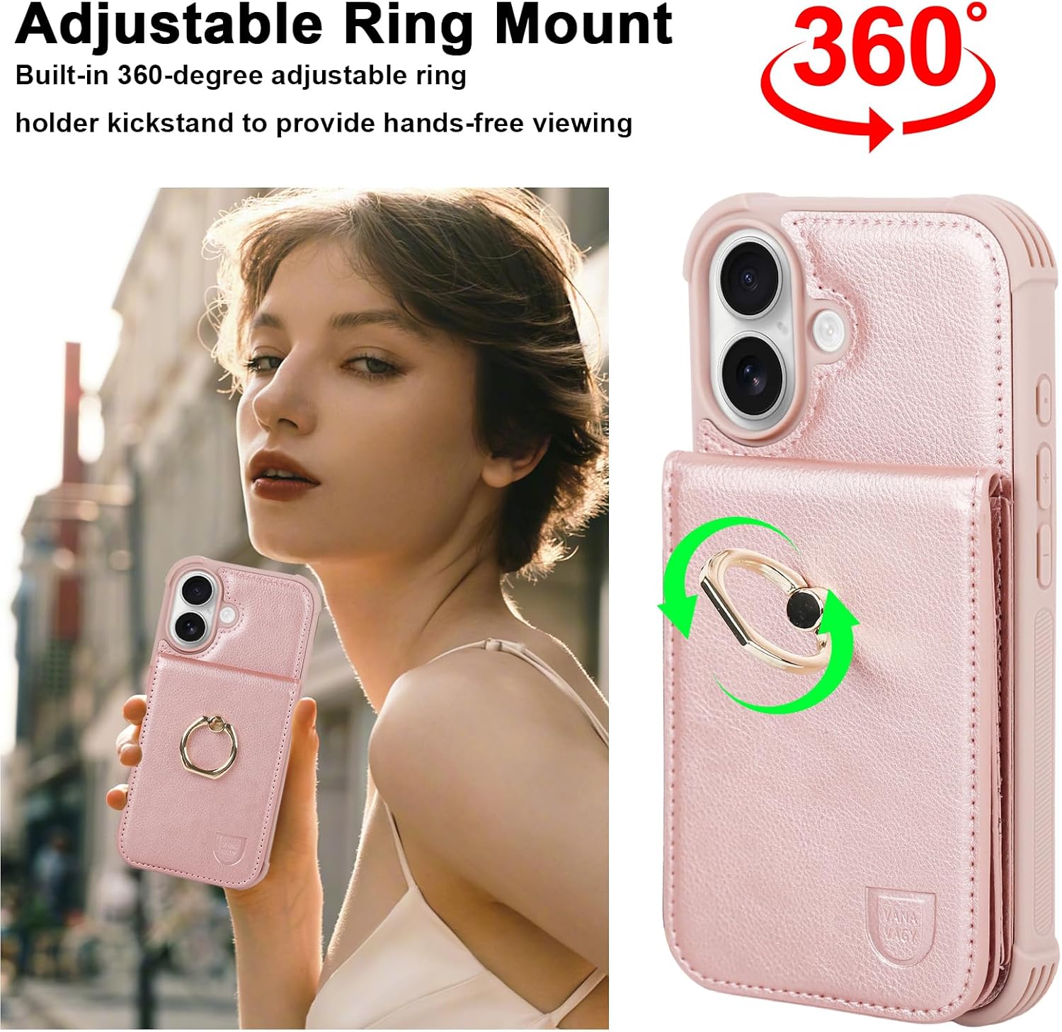 VANAVAGY Compatible for iPhone 16 Plus Wallet Case with Credit Card Holder Coin Pocket [360° Rotation Ring Kickstand], PU Leather Magnetic Clasp Phone Case for Women Men 6.7 Inch, Rose Gold