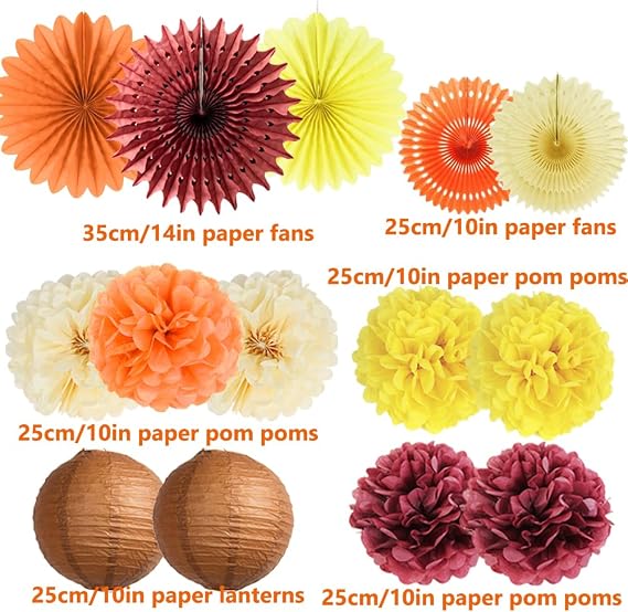 Fall Party Decorations Orange Burgundy Paper Fans Paper Pom Poms Lanterns Maple Leaf Garland Circle Dot for Autumn Harvest Birthday Fall Bridal Shower Baby Shower Thanksgiving Party Decor