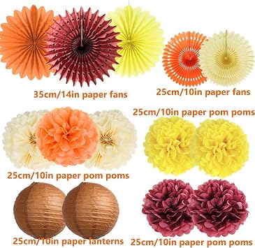 Fall Party Decorations Orange Burgundy Paper Fans Paper Pom Poms Lanterns Maple Leaf Garland Circle Dot for Autumn Harvest Birthday Fall Bridal Shower Baby Shower Thanksgiving Party Decor
