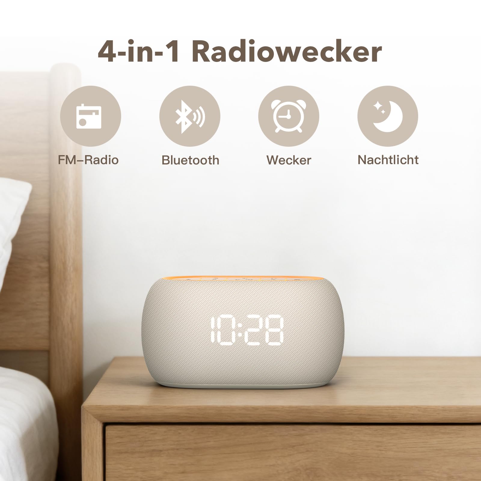 ANJANK Radio-réveil numérique 4 en 1 avec haut-parleur Bluetooth, réveil avec veilleuse 7 couleurs, radio FM, écran à intensité variable en continu de 0 à 100 %, 8 sons d'alarme, horloge numérique