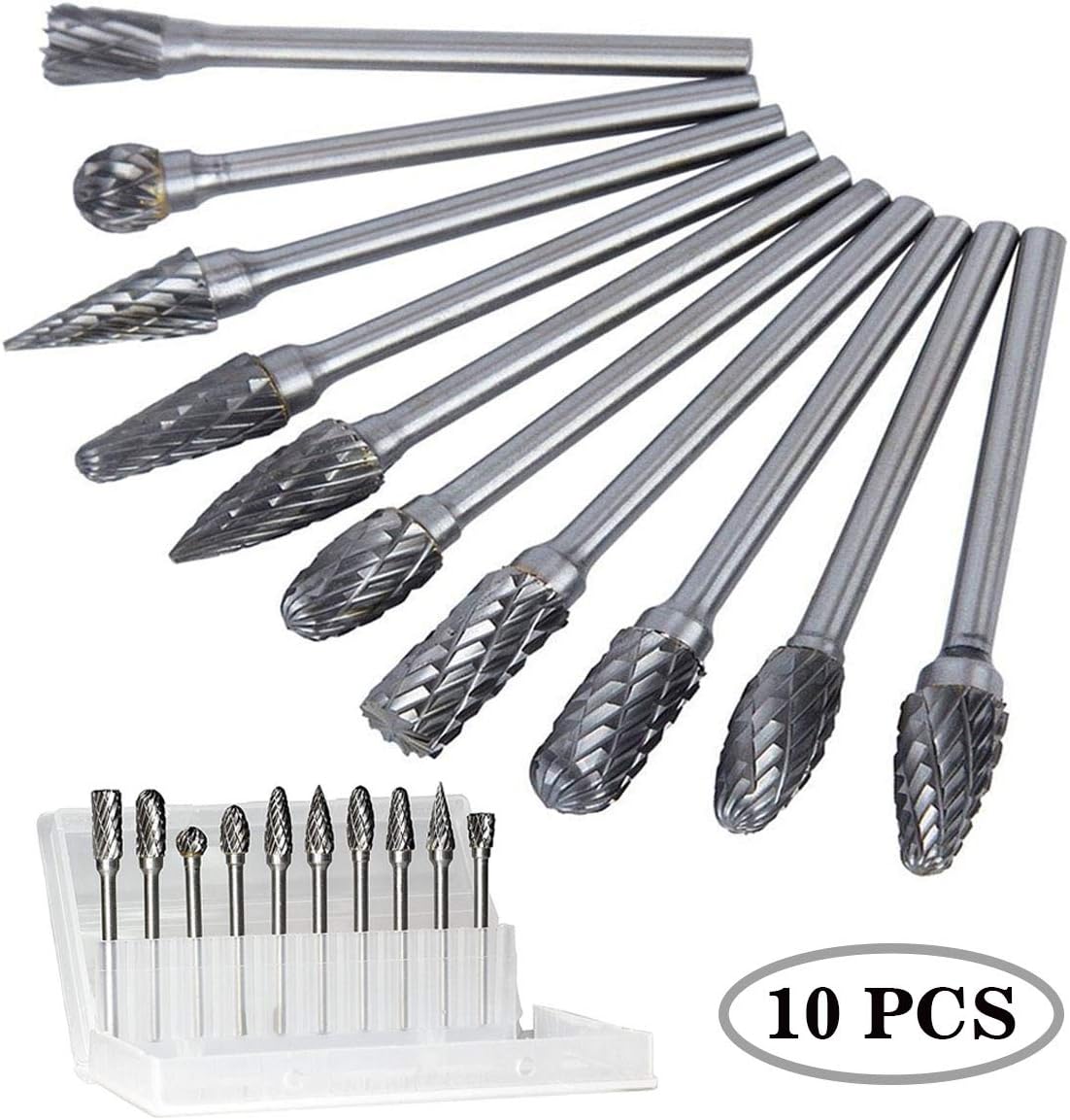 Carbide Burr Set,10 pcs Solid Drill Bit Set 0.118"/3mm Shank,Double Cut Carbide Rotary Burr Set Fits Die Grinder Drill for Woodworking,drilling Metal Carving Engraving Polishing