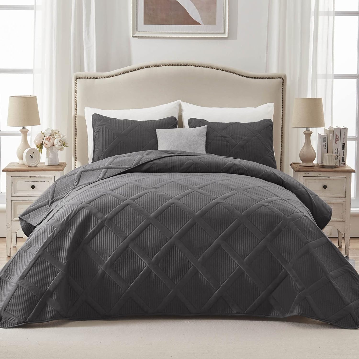 Exclusivo Mezcla Ultrasonic Quilt Set King Size, 3 Pieces Beige King Quilt (106"x96") with 2 Pillow Shams, Lightweight Bedspreads Modern Striped Coverlet Set for All Seasons : Home & Kitchen