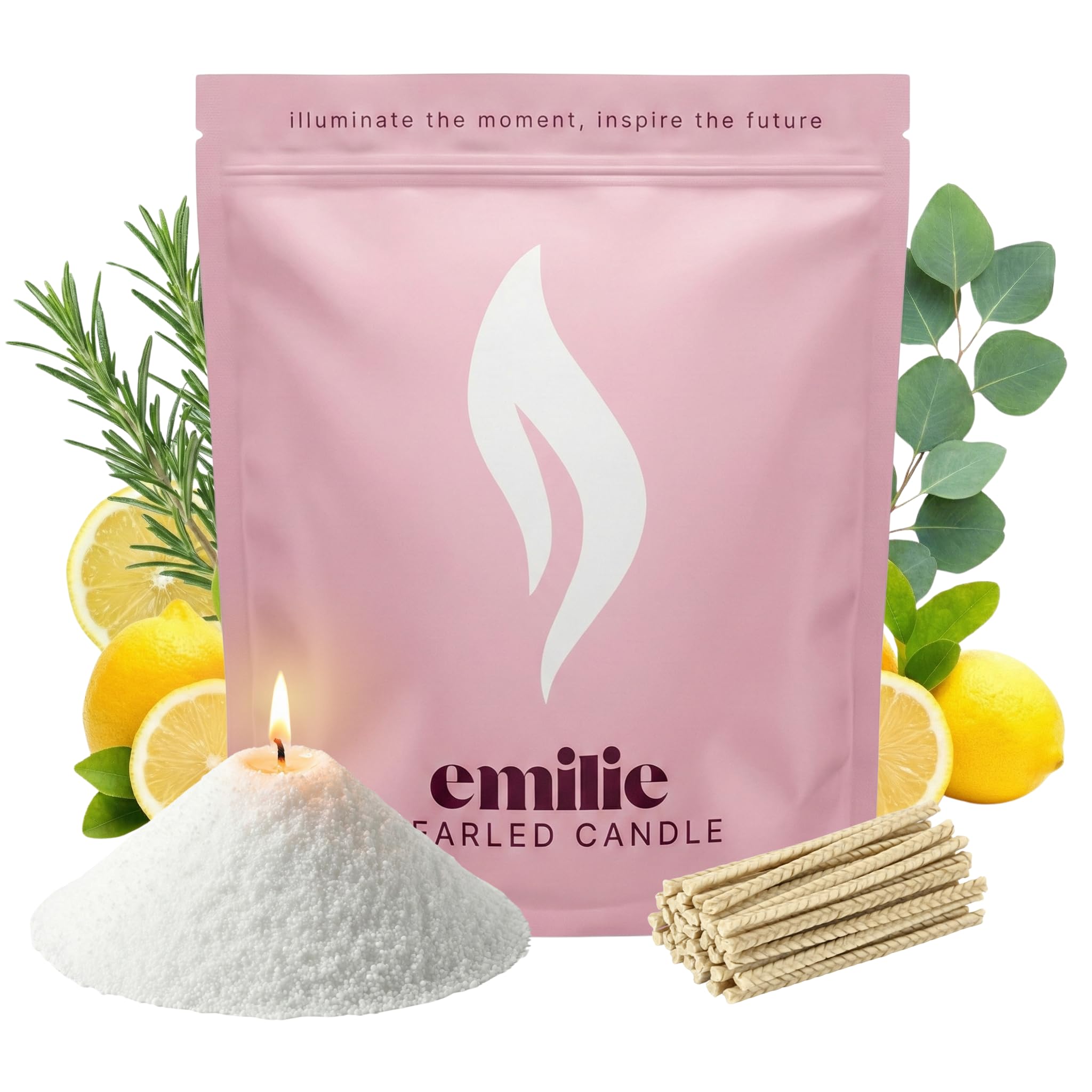 Emilie Pearled Candle 1kg Refillable Wax Pearls – Refresh & Focus Scented Candle for Any Container – Self-Extinguishing, Plant-Based, Reusable – 50 Cotton Wicks, 200h Burn (White Natural)