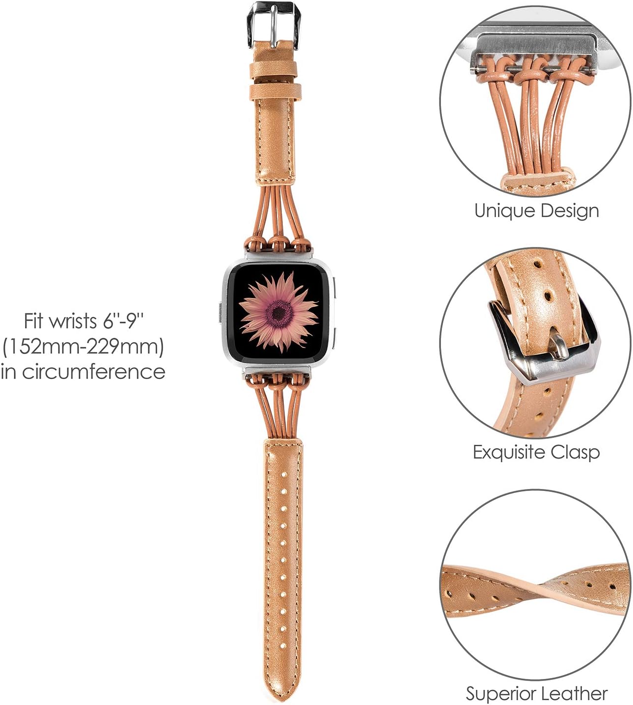 TOYOUTHS Leather Strap Compatible with Fitbit Versa/Versa 2/Versa Lite Bands Women Men Rose Gold Slim Premium Handmade Replacement Versa Special Edition Fitness Wristband Bracelet Accessories