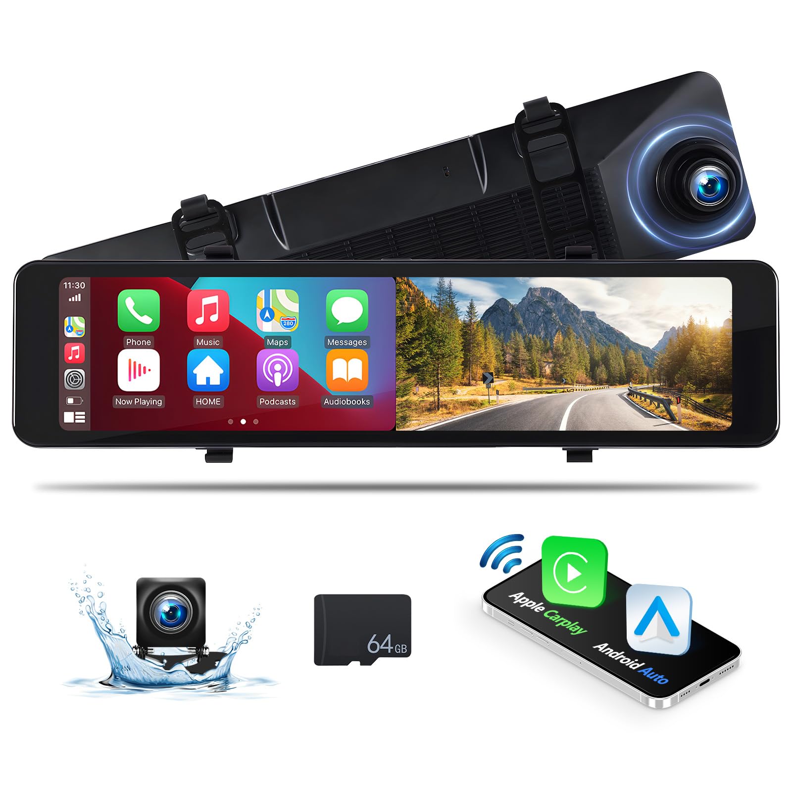 CAMECHO Rétroviseur Dash Cam 11.26" avec Apple CarPlay Android Auto et caméra de recul sans Fil, Smart Screen Mirror pour Voitures Et amions avec Vision Nocturne Carte 64G