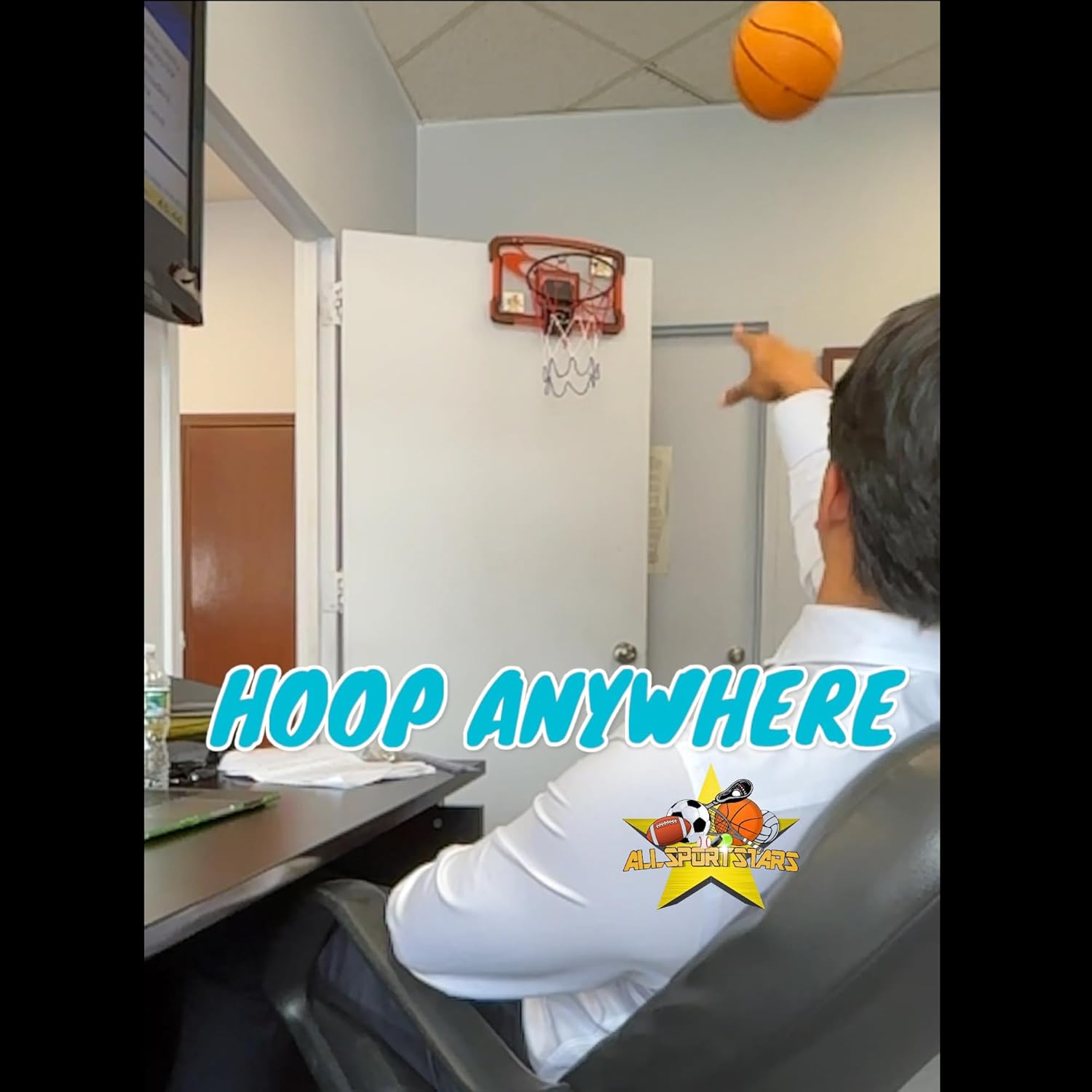Indoor Mini Basketball Hoop with Electronic Shot-Clock & Scoreboard + Two Basketballs & Pump - Over The Door Mount