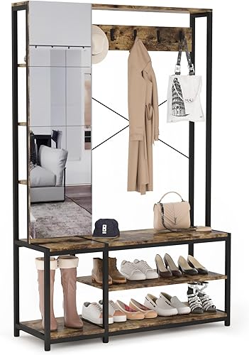 Miniatura 2 de PAKASEPT Organizador de armario independiente perchero con espejo estantes de almacenamiento y banco de zapatos perchero resistente para colgar ropa