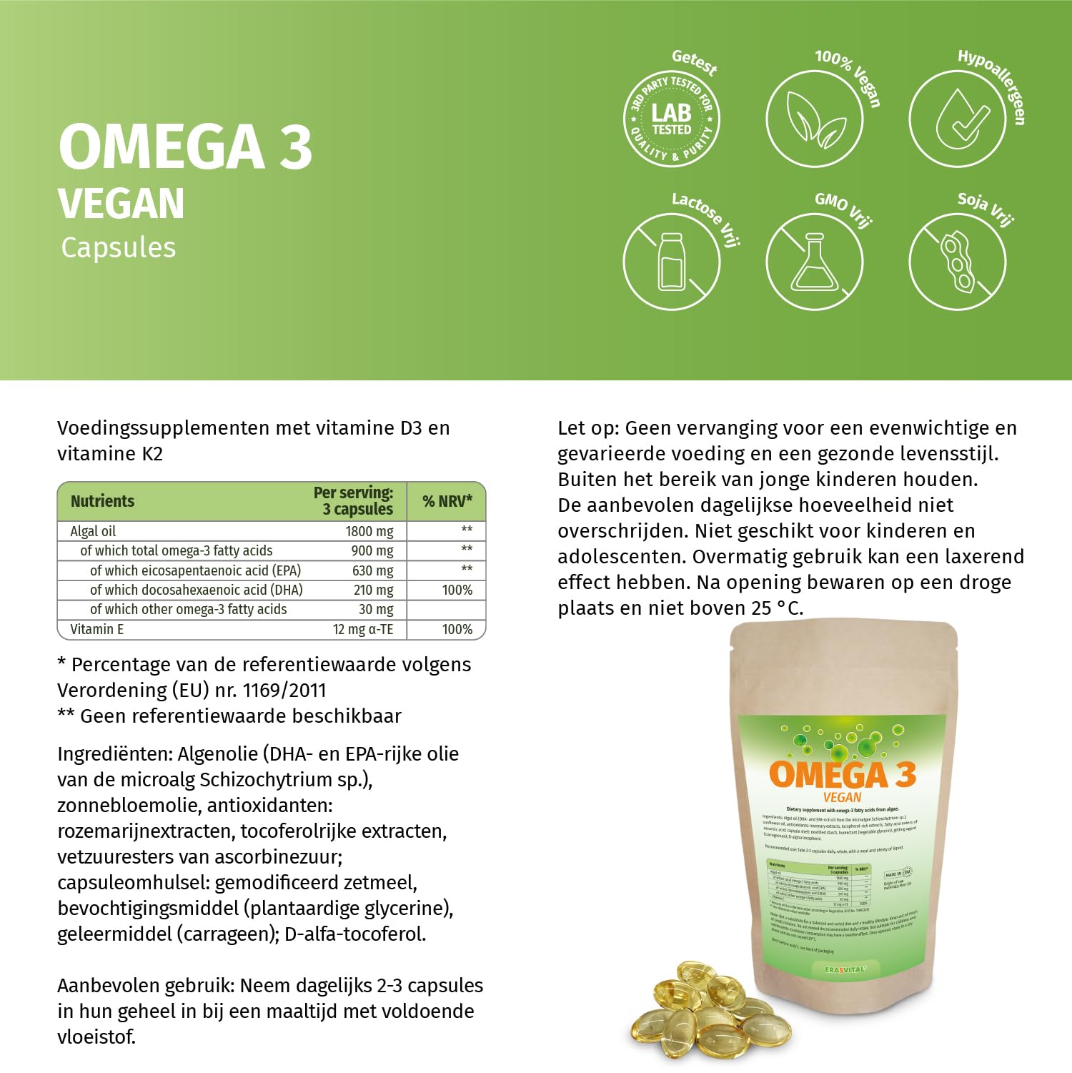Omega 3 aus reines Algenöl Softgel Kapseln hochdosierte Fettsäuren 630 EPA und 210 DHA + Vitamin E pro Tagesdosis, Vegan (1080 stück (1er Pack))